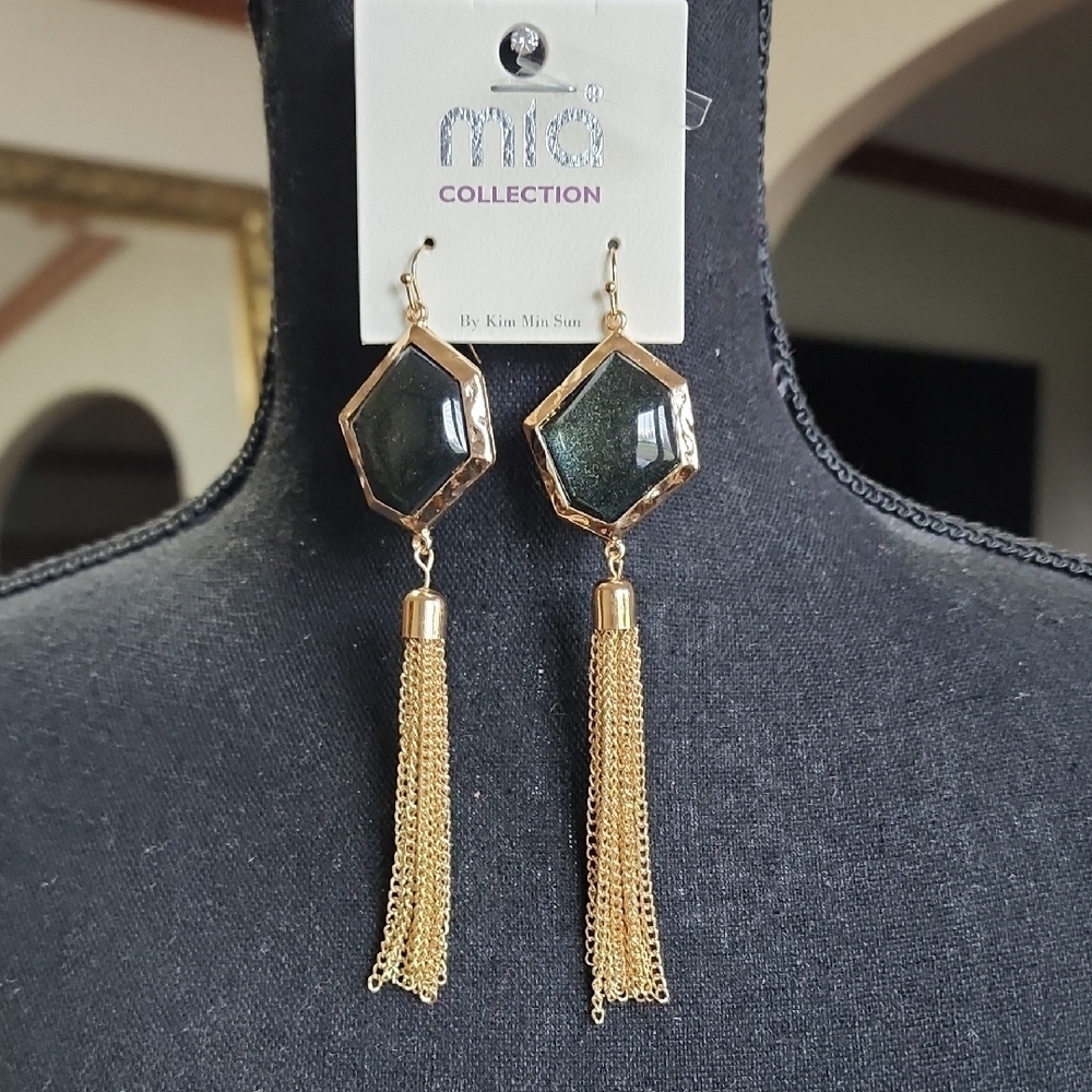 MIA Gold and Black Geometric Tassel Earrings